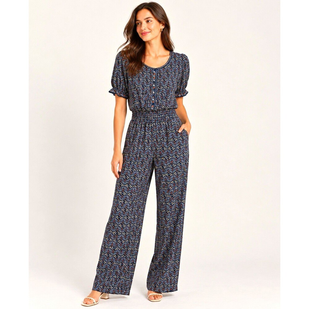 Max Studio Women L Blue Polyester Jumpsuit Floral Wide Leg Button Pockets